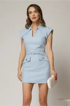 Rochie DY Fashion bleu din tweed subtire cu fir lurex si guler ascutit imagine