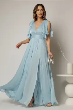 Rochie DY Fashion bleu lunga de seara cu decolteu adanc si funde ample imagine