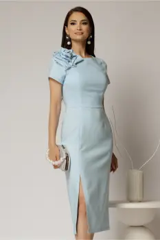 Rochie DY Fashion bleu midi conica cu crepeu si trandafir maxi la decolteu imagine