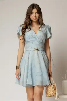 Rochie DY Fashion bleu scurta cu broderii florale si decolteu petrecut imagine