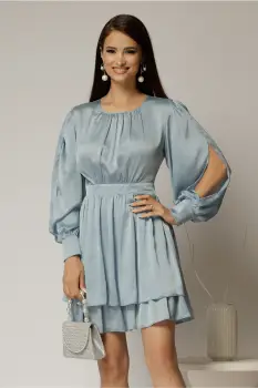 Rochie DY Fashion bleu scurta din voal cu manecile sparte si fusta suprapusa imagine