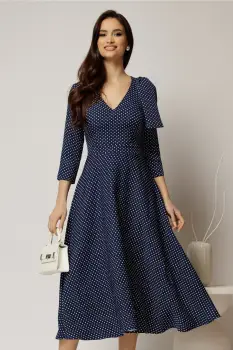 Rochie DY Fashion bleumarin cu buline albe si funda pe umar imagine