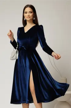 Rochie DY Fashion bleumarin din catifea cu decolteu in V si funda in talie imagine