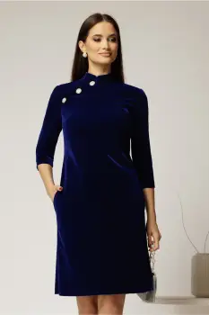 Rochie DY Fashion bleumarin din catifea fixa cu guler tunica si nasturi imagine