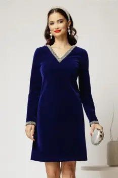 Rochie DY Fashion bleumarin din catifea fixa cu perle la decolteu si maneci imagine