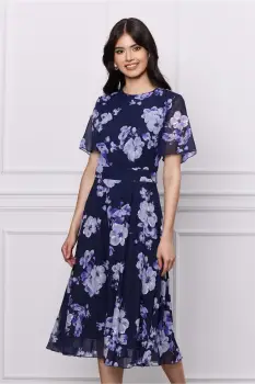 Rochie DY Fashion bleumarin din voal cu imprimeuri florale bleu imagine