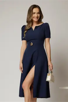 Rochie DY Fashion bleumarin midi cu detaliu talie si decupaj la decolteu imagine