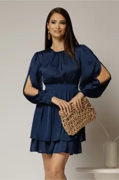Rochie DY Fashion bleumarin scurta din voal cu manecile sparte si fusta suprapusa imagine