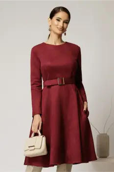 Rochie DY Fashion bordo clos din piele intoarsa si curea in talie imagine