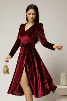 Rochie DY Fashion bordo din catifea cu decolteu in V si funda in talie imagine