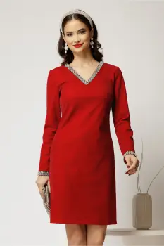 Rochie DY Fashion bordo din catifea fixa cu perle la decolteu si maneci imagine