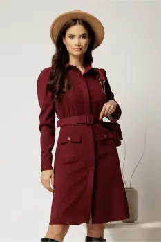 Rochie DY Fashion bordo din catifea reiata tip camasa si curea in talie imagine