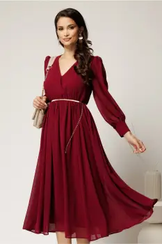 Rochie DY Fashion bordo din voal cu decolteu petrecut si curea in taIie imagine