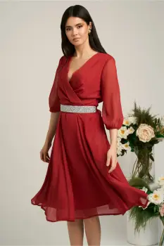 Rochie Dy Fashion bordo din voal cu fir stralucitor si cordon imagine