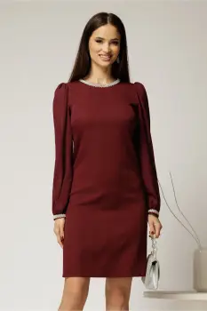 Rochie DY Fashion bordo eleganta cu maneci din voal si aplicatii la decolteu imagine