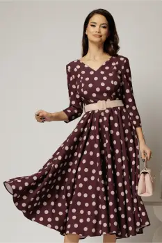 Rochie DY Fashion clos bordo cu buline bej cu decolteu in V si curea imagine