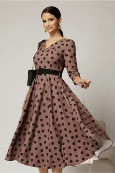 Rochie DY Fashion clos maro cu buline negre cu decolteu in V si curea imagine