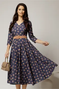 Rochie DY Fashion clos turcoaz cu buline bej cu decolteu in V si curea imagine