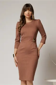 Rochie DY Fashion conica bej cu dungi si detaliu pe talie imagine