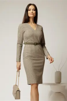 Rochie DY Fashion conica din stofa carou bleu si bej si curea in talie imagine