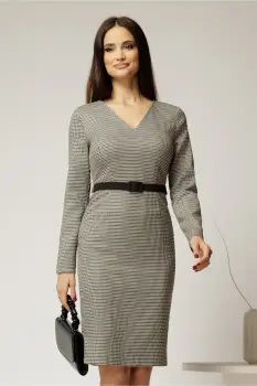 Rochie DY Fashion conica din stofa carou negru gri si curea in talie imagine