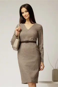 Rochie DY Fashion conica din stofa carou negru maro si curea in talie imagine