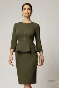 Rochie DY Fashion conica kaki cu peplum si fermoar metalic imagine