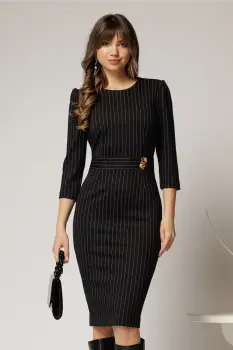 Rochie DY Fashion conica neagra cu dungi si detaliu pe talie imagine