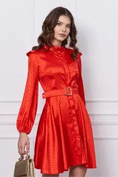 Rochie Dy Fashion corai cu buline in relief si curea in talie imagine