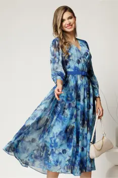 Rochie DY Fashion cu imprimeu albastru din voal cu decolteu petrecut imagine