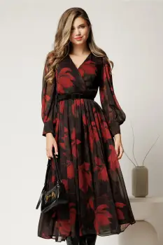 Rochie DY Fashion cu imprimeu bordo din voal cu decolteu petrecut imagine