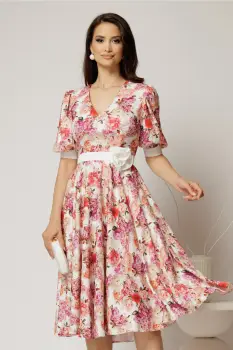 Rochie DY Fashion cu imprimeu floral corai si floare in talie imagine