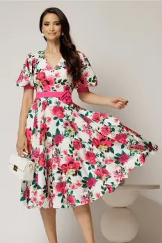 Rochie DY Fashion cu imprimeu floral fucsia si floare in talie imagine