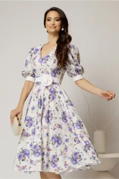 Rochie DY Fashion cu imprimeu floral lila si floare in talie imagine