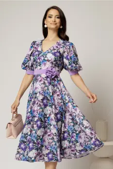 Rochie DY Fashion cu imprimeu floral mov si floare in talie imagine