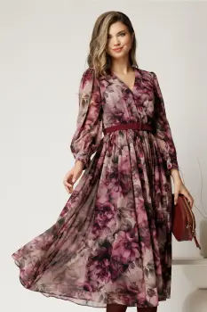 Rochie DY Fashion cu imprimeu magenta din voal cu decolteu petrecut imagine