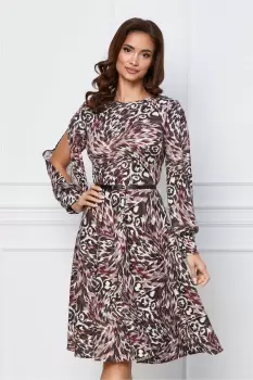 Rochie Dy Fashion cu imprimeu maro si decupaj pe maneci imagine