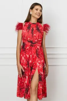 Rochie Dy Fashion cu imprimeu rosu si pene la umeri imagine