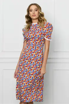 Rochie Dy Fashion cu imprimeuri florale colorate si volanase la maneci si decolteu imagine