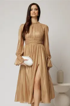 Rochie DY Fashion de ocazie aurie din tull cu guler incretit imagine