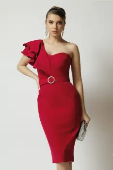 Rochie DY Fashion de ocazie din stofa magenta cu un umar gol si catarama in talie imagine