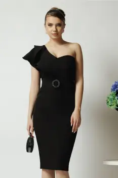 Rochie DY Fashion de ocazie din stofa neagra cu un umar gol si catarama in talie imagine