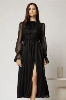 Rochie DY Fashion de ocazie neagra din tull cu guler incretit imagine