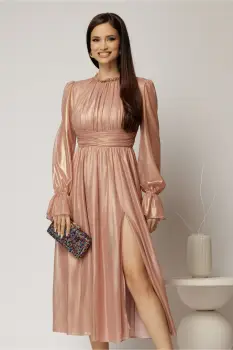 Rochie DY Fashion de ocazie roz sidefat din tull cu guler incretit imagine