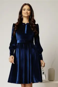 Rochie DY Fashion din catifea bleumarin cu funda si brosa la guler imagine