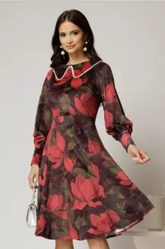 Rochie DY Fashion din catifea cu print rosu si perle la guler imagine