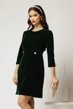 Rochie DY Fashion din catifea fixa verde cu nasturi pe talie imagine