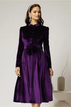 Rochie DY Fashion din catifea mov cu nasturi imbracati si curea in talie imagine