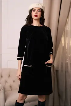 Rochie DY Fashion din catifea neagra cu buzunare imagine