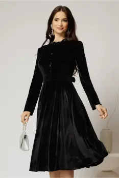 Rochie DY Fashion din catifea neagra cu nasturi imbracati si curea in talie imagine